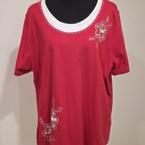 Alfred Dunner Red Short Sleeve Top with Floral Accents